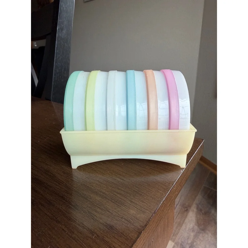 Vintage Tupperware Wagon Wheel Coaster Set Pastel Rainbow 6 Coasters with Caddy